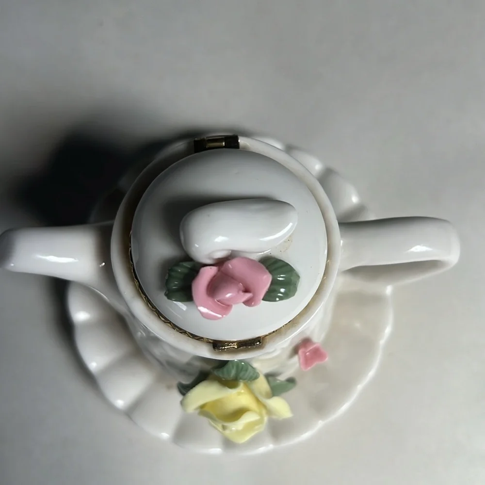 Mini Tea Pot Off White Fine Porcelain Capodimonte Yellow Rose FloralTrinket Box